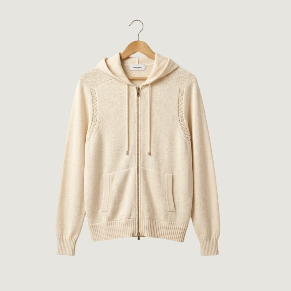 Gran Sasso Italy Women Cream 100% Cotton Full Zip Knit Hoodie Sweater Size M